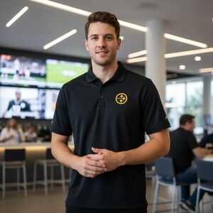 Antigua Steelers Black Polo Shirt with Yellow Embroidered Logo